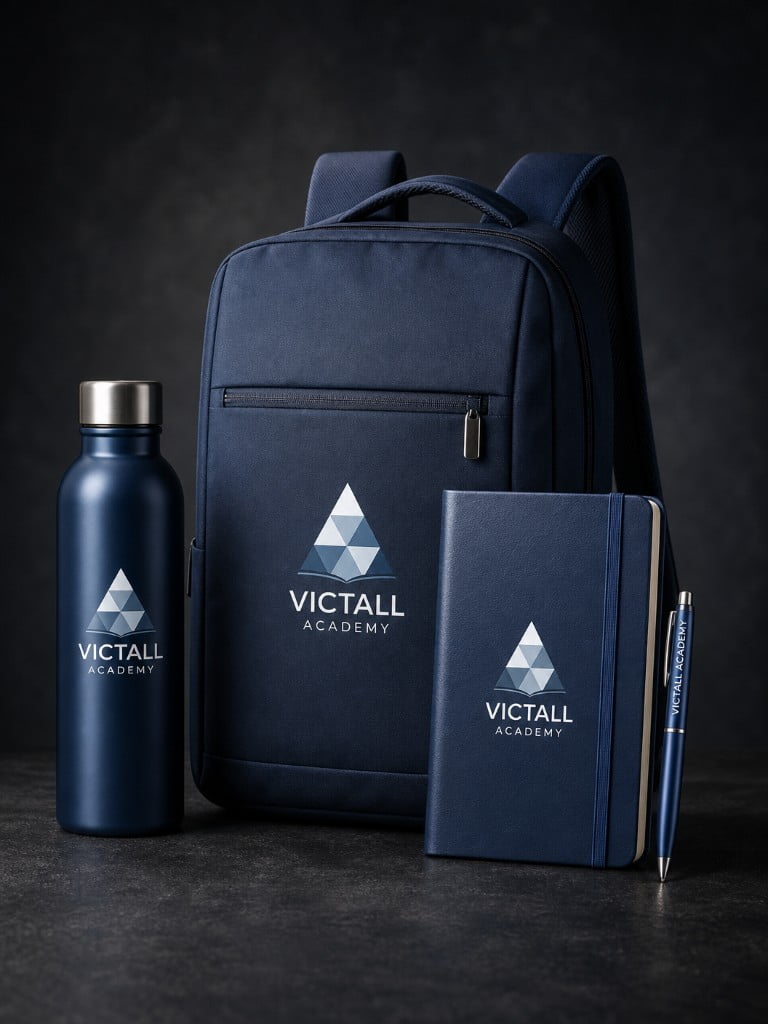 Kit de boas-vindas Victall Academy: mochila, garrafa, caderno e caneta personalizados